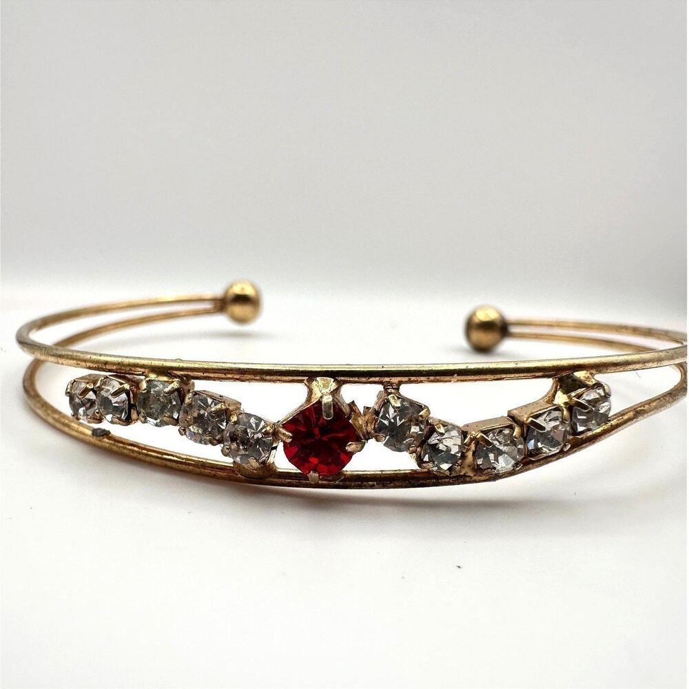 Vintage Y2K Red & Clear Rhinestone Gold Tone Hand Bracelet Women's Jewelry
